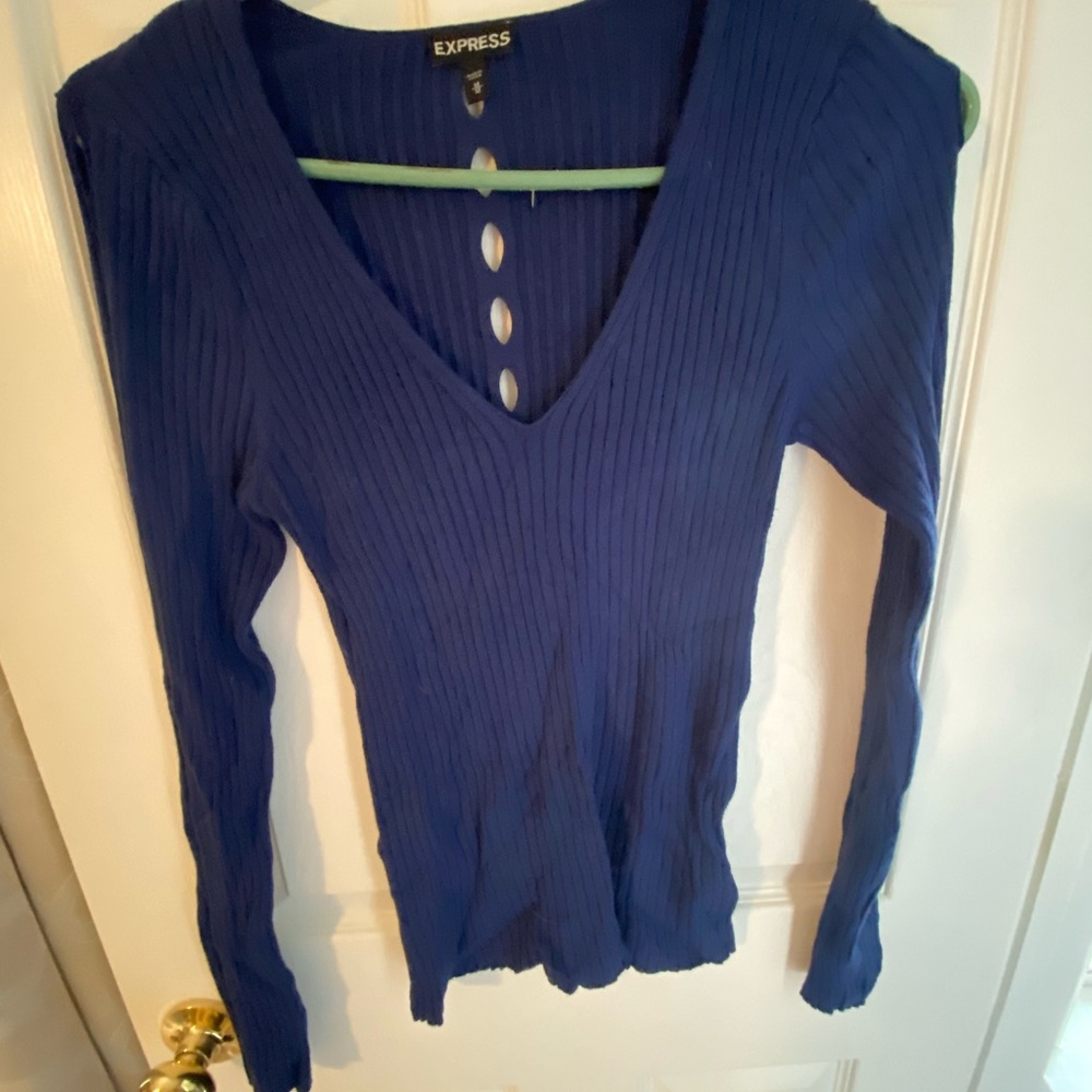 Medium Navy Top from Express with arm and back hole design.